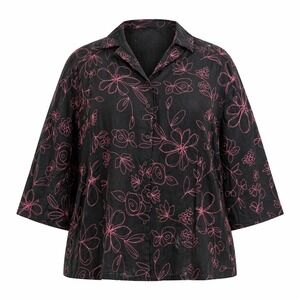 Silkland Woman Black Pink Floral Embroidered Linen Button Down Shirt Top Size 2X